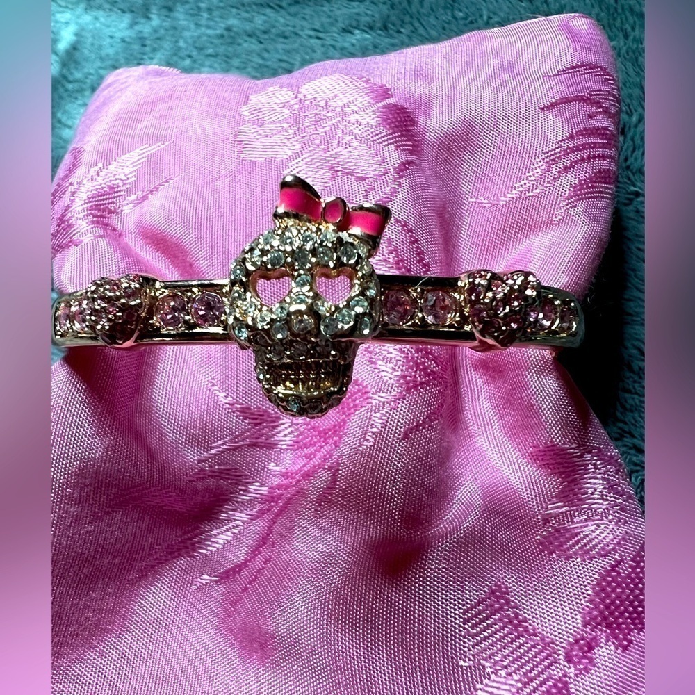 Betsey Johnson Rhinestone Skull Hinged Bangle Bracelet